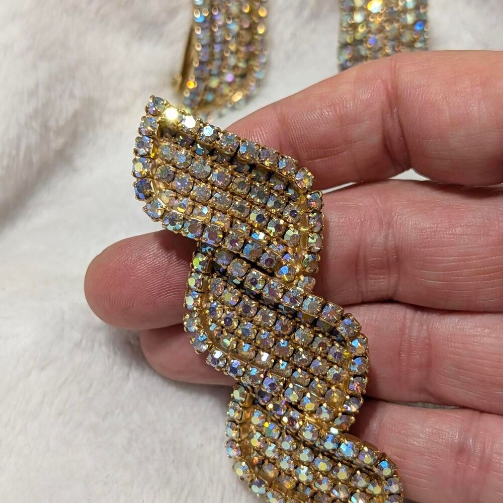 Vintage Gold Aurora Borealis Rhinestone Wave Brooch & Clip-On Earring Set Retro - Picture 5 of 7
